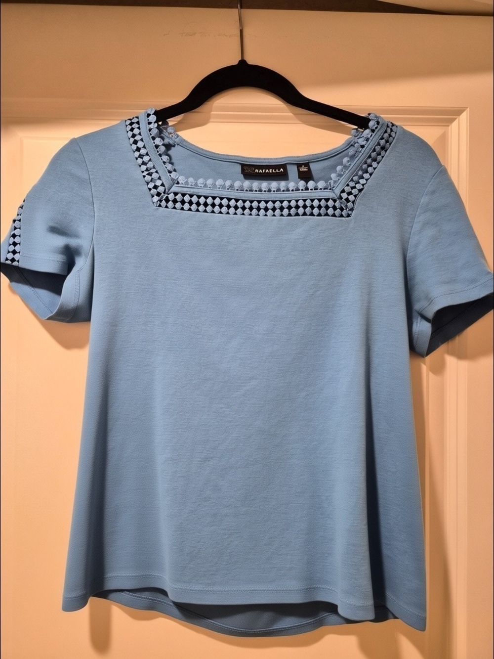 Rafaella Light Blue Square Neck Embellished Top